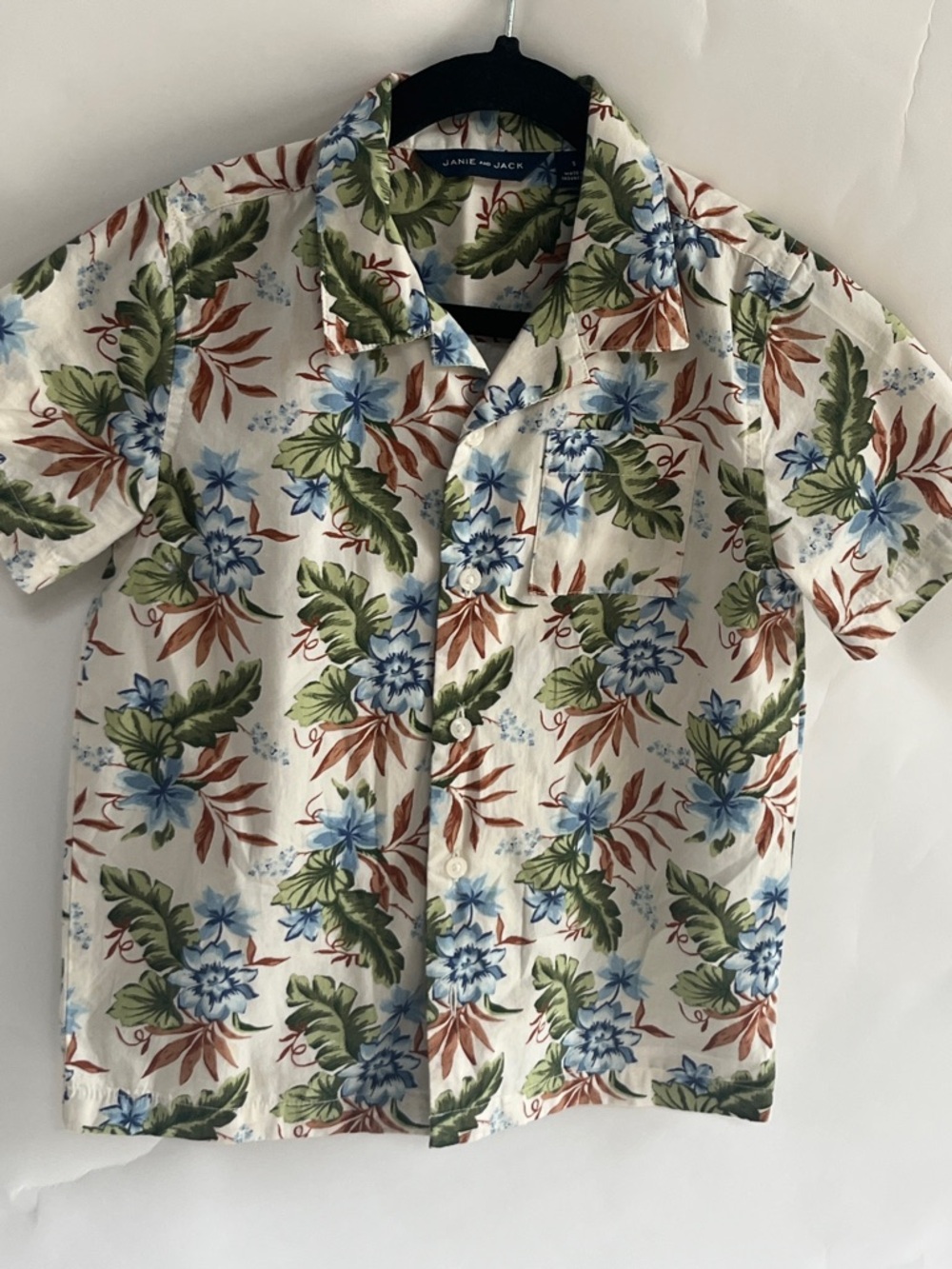Janie and Jack White Short-Sleeve Floral Button-Down with Blue and Green Print